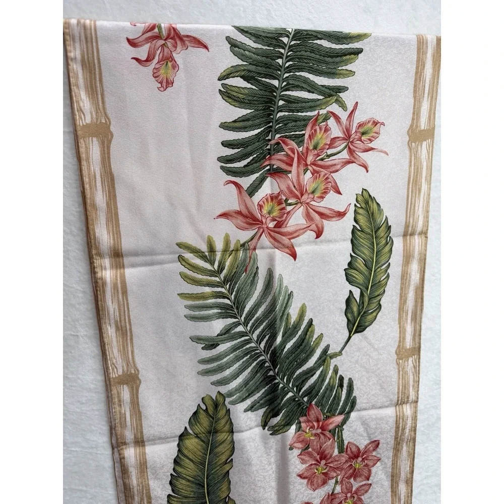 Jim Thompson Silk Scarf Botanical Print Orchids Fern Leaves White Rectangle